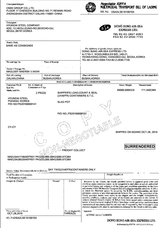 Bill of Lading of two Slag Pots for HYUNDAI STEEL